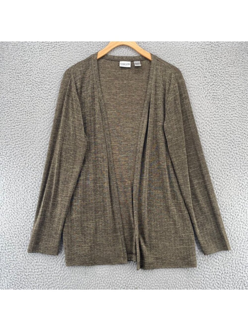 Chicos Sweater Womens 0 US Small Green Shimmer Cardigan Stretch Knit Open Front